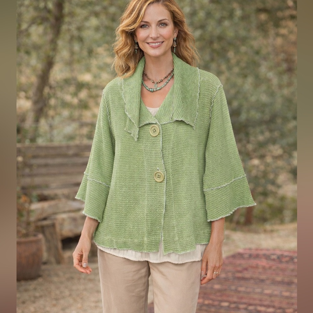 FOCUS Waffle Knit Button Jacket Pistachio Green Size L 100% Cotton Textured